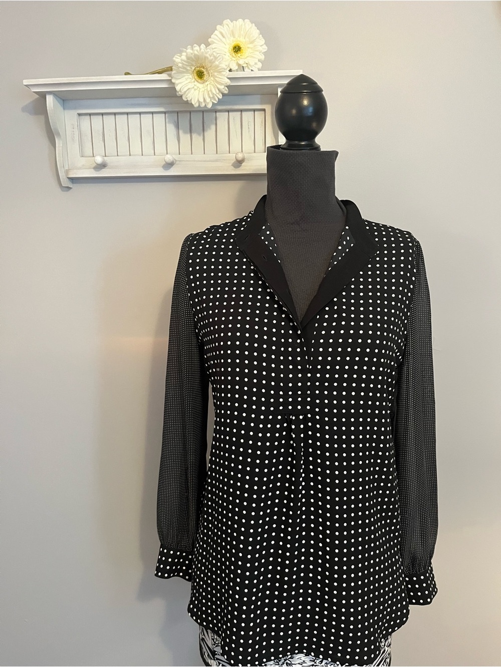 Anne Klein Black Blouse with White Polka Dots EUC